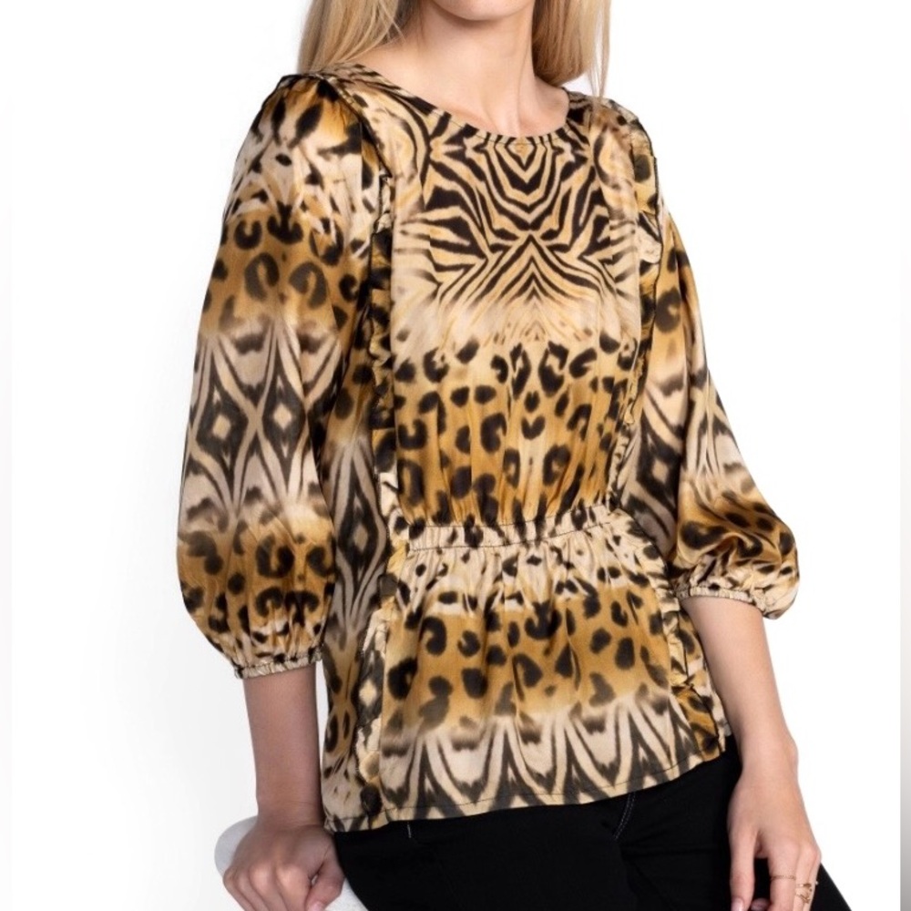 NEW Johnny Was Aisha Blouse 100% Silk Ruffle Tiger Leopard Tan Black Size XS